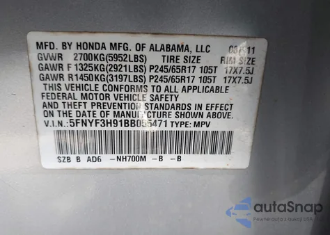 2011 Honda Pilot Touring из США, поврежденный, VIN 5FNYF3H91BB055471